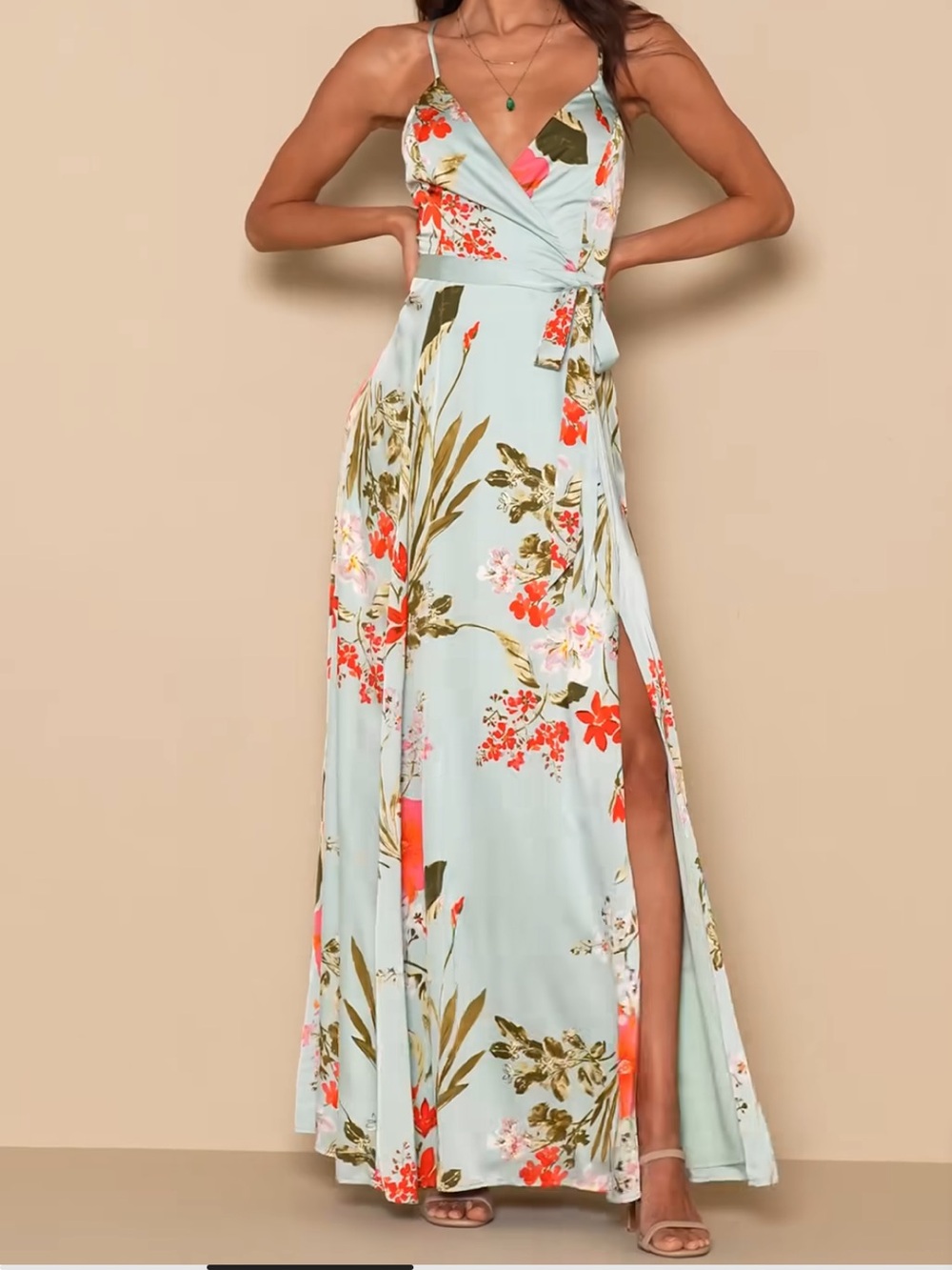 NWT-Still the One Sage Green Floral Print Satin Maxi Dress